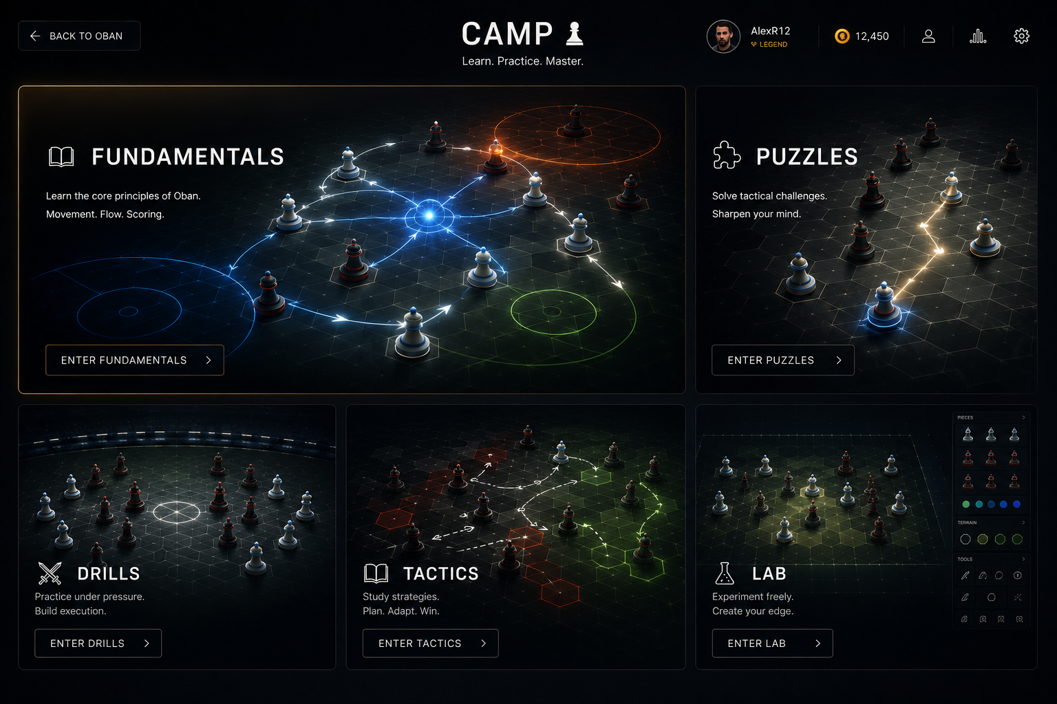 Concept interface Camp OBAN — Fundamentals, Puzzles, Drills, Tactics et Lab